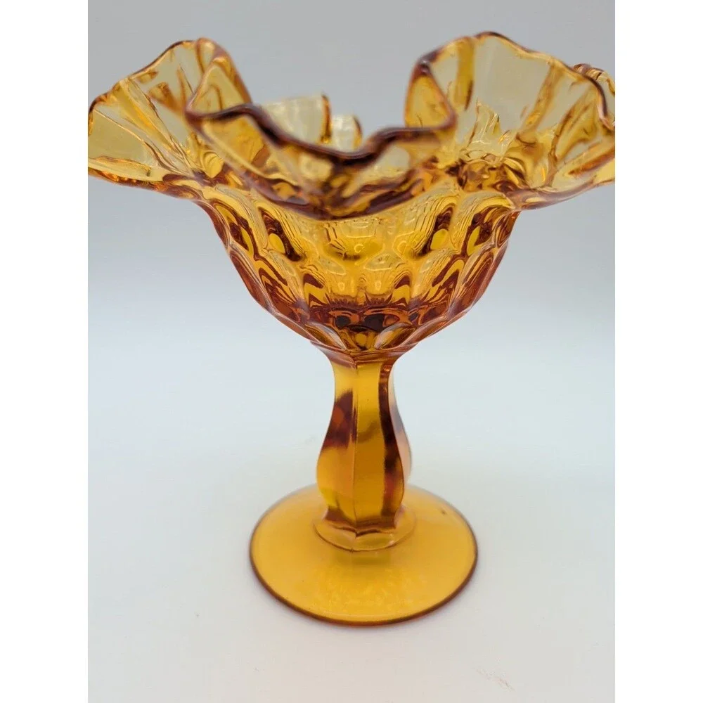 VTG Fenton Pedestal Fluted Ruffled Edge Colonial Amber Thumbprint Compote Glass